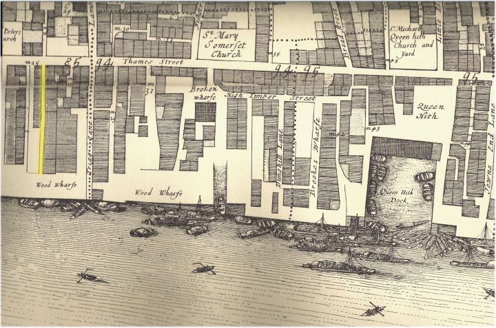 Queenhithe showing the location of Boss Alley from John Ogilby & William Morgan's 1676 Map of the City of London