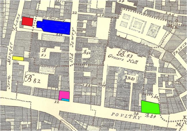 A map of the Poultry area of the Cheapside Ward of London showing the house and shop rented by Gabriel Marden between 1651-57 plus churches where he and his family are recorded within the parish registers. Pink - St. Mary Colechurch; Dark Blue - St Olave Jewry; Licht Blue - Rented Shop; Yellow - Rented House; Green - St. Mildreds Poultry; Red - St. Martin Pomarry.