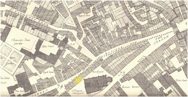 A map of the Strand and St. Clement Danes showing the possible location of the Castle Tavern 