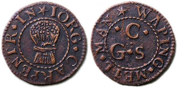 A farthing token issued by George Carpenter - A mid-17th century grain dealer of Wapping, London.