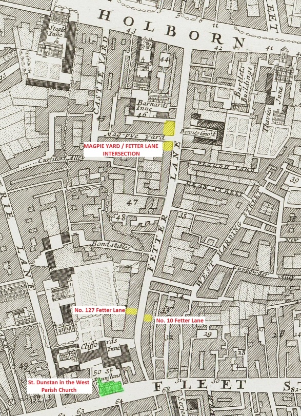Fetter Lane c.1720 - Showing known locations where there were businesses displaying the sign of the Falcon plus the parish church of St. Dunstan in the West.