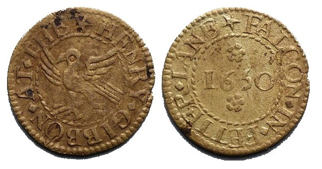 A farthing token issued by Henry Gibbon at the sign of the Falcon in Fetter Lane, London