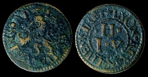 A further mid-17th century farthing token issued by by a tradesman living off Thames Street (possibly at Lion('s) Quay in the parish of St. Botolph, Billingsgate.
