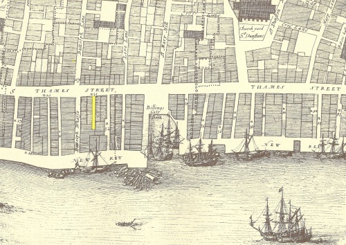 Part of John Ogilby and William Morgan’s 1676 Map of London showing Thames Street and the River Thames waterfront around Billingsgate Dock post its redevelopment after the Great Fire of 1666.
